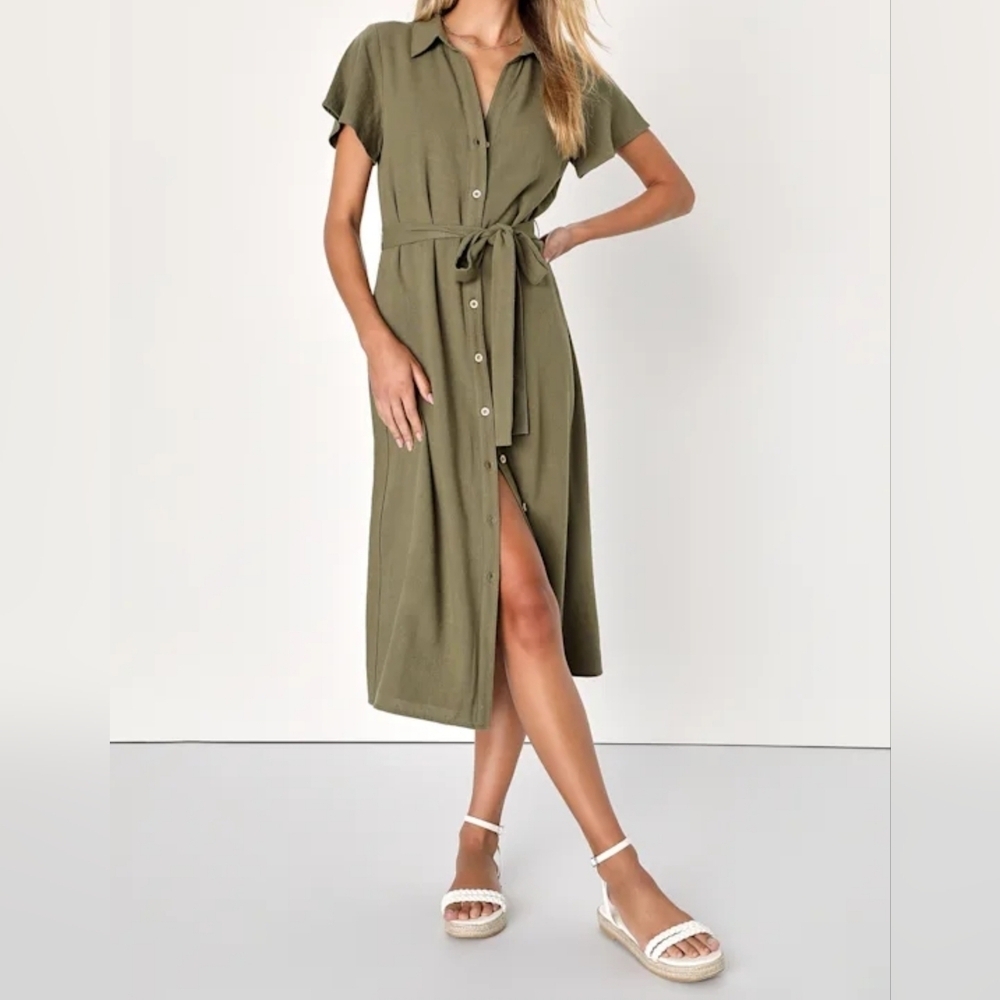 Olive Green Button-Front Shirt Dress with Tie Waist